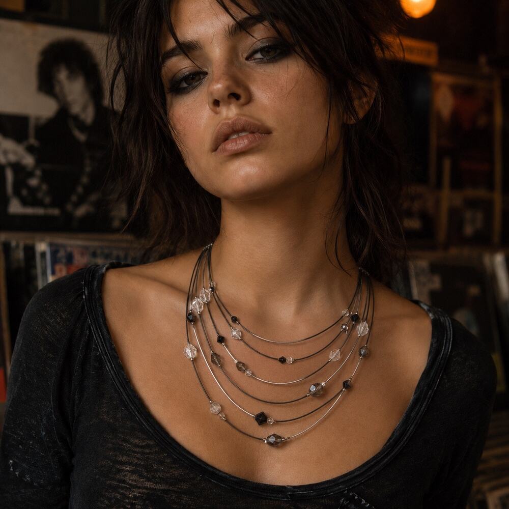 Y2K Black Silver Multi Strand Beaded Wire Necklace Layered Gothic Statement